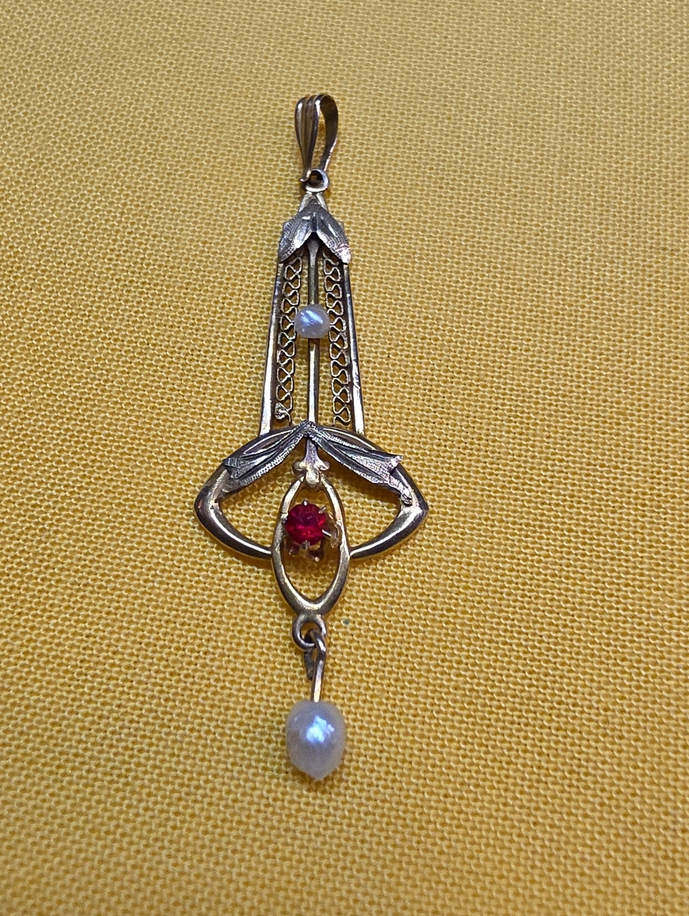 Authentic Edwardian 10K Gold Lavalier Pendant Necklace Drop Ruby Pearl - LOVELY!